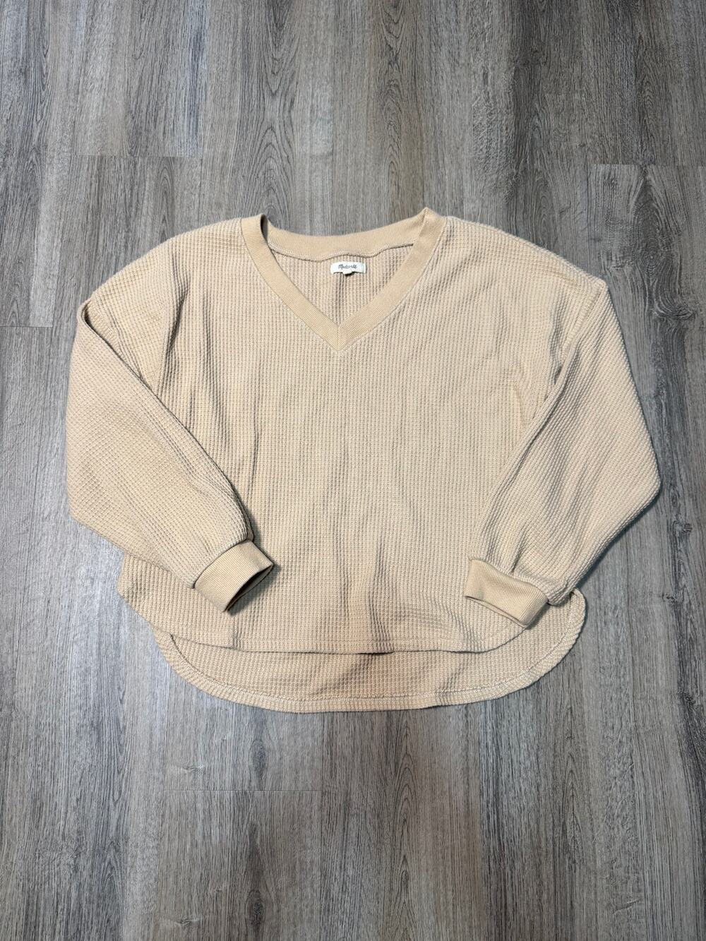 Madewell Women's Beige V-Neck Waffle Knit Sweater